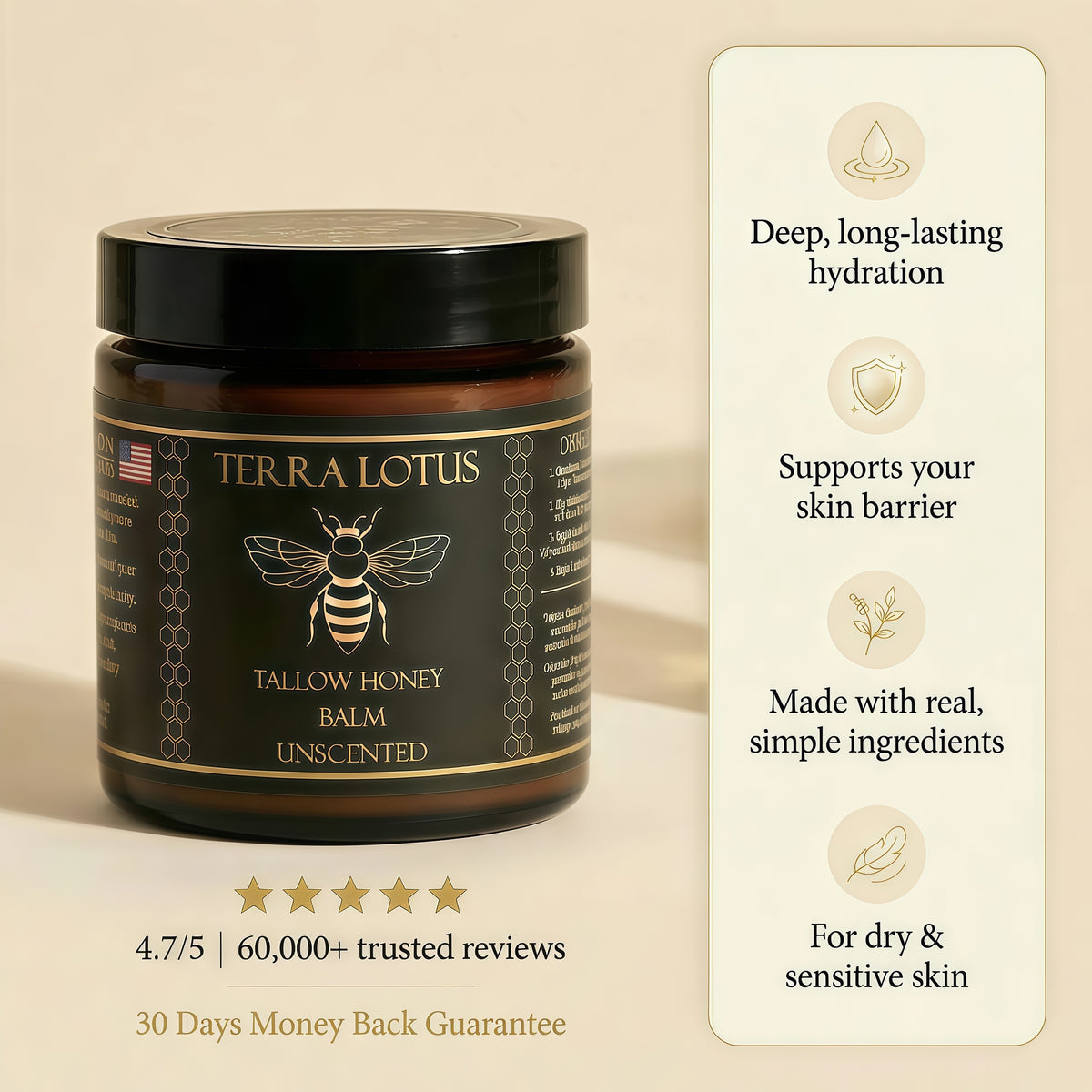 Terra Lotus - Organic Grass-Fed Beef Tallow Balm with Raw Honey - Moisturizing Cream - Handmade All-Natural Moisturizer (4 Oz)