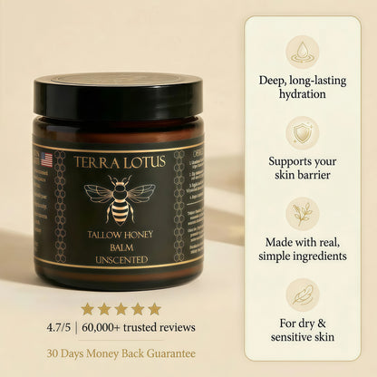 Terra Lotus - Organic Grass-Fed Beef Tallow Balm with Raw Honey - Moisturizing Cream - Handmade All-Natural Moisturizer (4 Oz)