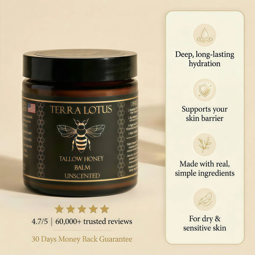 Terra Lotus - Organic Grass-Fed Beef Tallow Balm with Raw Honey - Moisturizing Cream - Handmade All-Natural Moisturizer (4 Oz)