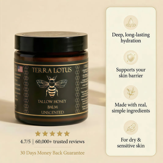 Terra Lotus - Organic Grass-Fed Beef Tallow Balm with Raw Honey - Moisturizing Cream - Handmade All-Natural Moisturizer (4 Oz)